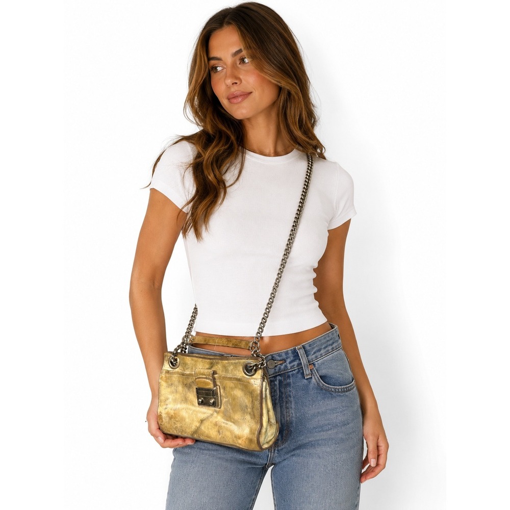 Frye Metallic Gold Distressed Leather Crossbody Chain Shoulder Bag Vintage Style